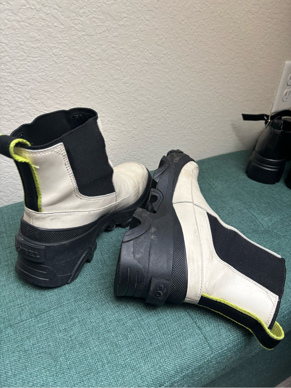 Sorel White and Black Chelsea Lug Boots with Neon Yellow Trim